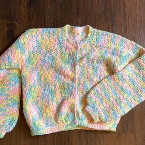 Vintage hand crocheted balloon sleeve button front sweater pastel cropped